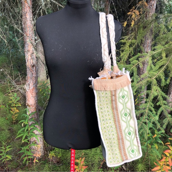 Brown Green Cream Stripe Recycled Carpet Tote Bag Purse Gold Lining Tapestry - Picture 6 of 10